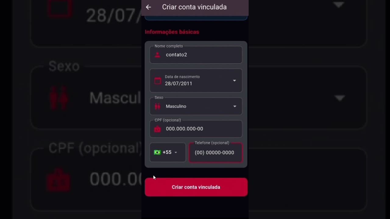 Criação de novo cadastro de conta vinculada realizada através do APP do aluno